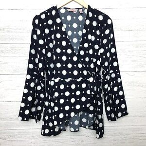 Laurie Felt Women's Black and White Blouse Wrap Top Long Sleeves Medium